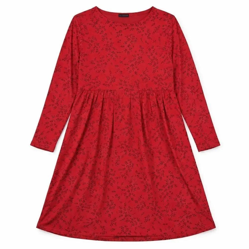 J.Jill Wearever Stretch Knit Midi Dress Red Leaf Print Prairie Long Sleeve 2X